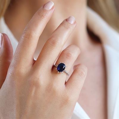 Safir Taşlı Elips Lotus Çiçeği Gümüş Yüzük