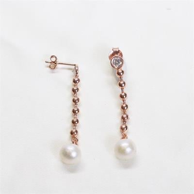 Sallantılı Zirkon Taşlı Rose Gold Kaplama Gümüş İnci Küpe