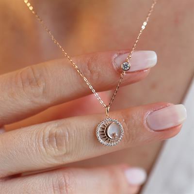 Sedef Taşlı Ay Yıldız Figürlü Rose Gold Kaplama Gümüş Kolye