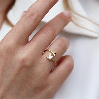 Sedefli Kelebek Gold Kaplama Minimal Yüzük