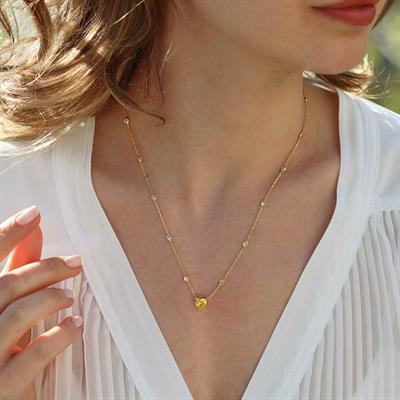 Sitrin Taşlı Gold Kaplama Sevgili Kalp Gümüş Kolye