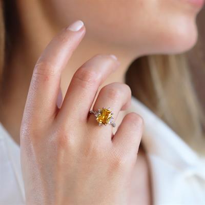 Sitrin Taşlı Kare Lotus Çiçeği Gümüş Yüzük