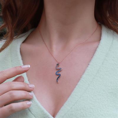 Siyah Gözlü Rose Gold Kaplama Yılan Gümüş Kolye