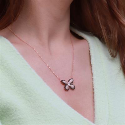 Siyah Zirkon Taşlı Kelebek Model Rose Gold Kaplama Gümüş Kolye