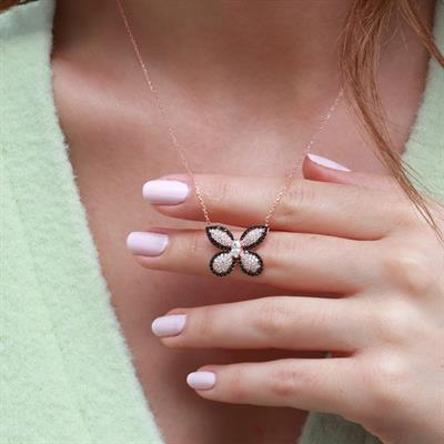 Siyah Zirkon Taşlı Kelebek Model Rose Gold Kaplama Gümüş Kolye