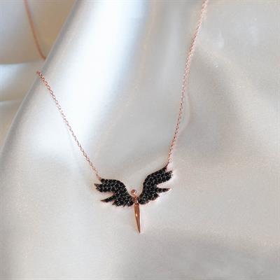 Siyah Zirkon Taşlı Mikail Meleği Rose Kaplama Gümüş Kolye