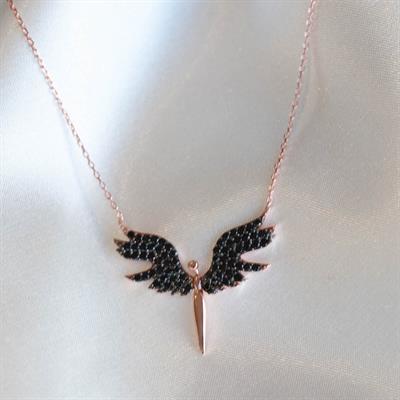 Siyah Zirkon Taşlı Mikail Meleği Rose Kaplama Gümüş Kolye