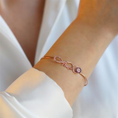 Sonsuzluk Nazar Boncuklu Annem Yazılı Rose Gold Kaplama Gümüş Kelepçe