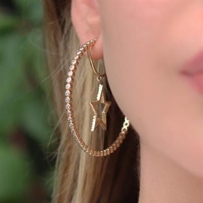 Star Halka Zirkon Taşlı Gold Kaplama Gümüş Küpe