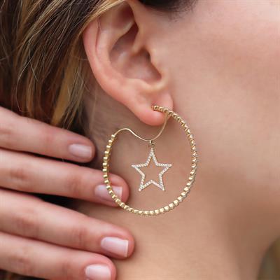 Star Halka Zirkon Taşlı Gold Kaplama Gümüş Küpe