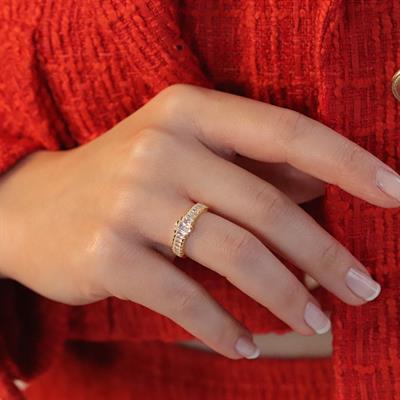 Tamtur Baget Taşlı  Gold Kaplama Ayarlanabilir Gümüş Yüzük
