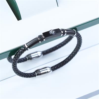 Taşlı Örgü Deri Çelik Bileklik