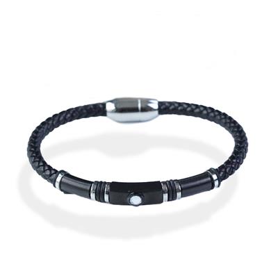 Taşlı Örgü Deri Çelik Bileklik