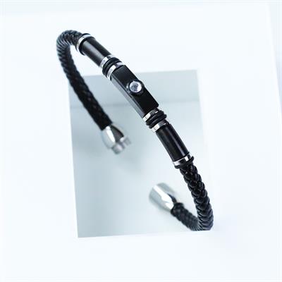 Taşlı Örgü Deri Çelik Bileklik