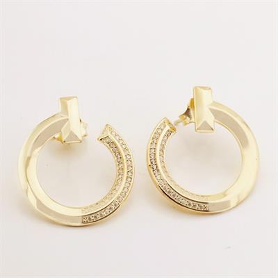 Tffny Modeli Yarı Zirkon Taşlı Gold Kaplama Daire Gümüş Küpe