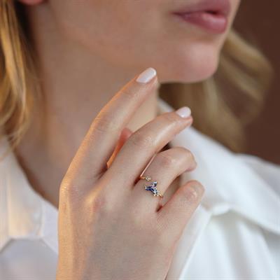 Totem Kuşu Lacivert Mine İşli Gold Kaplama Gümüş Yüzük