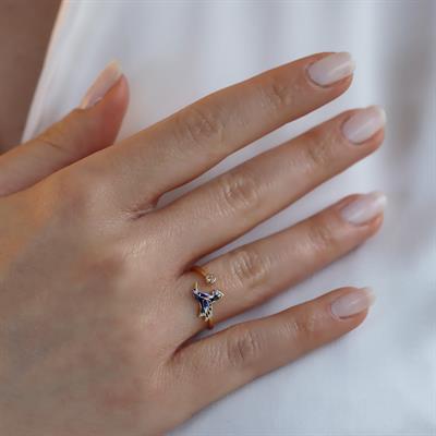 Totem Kuşu Lacivert Mine İşli Gold Kaplama Gümüş Yüzük