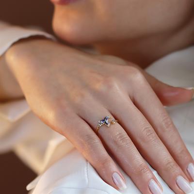 Totem Kuşu Lacivert Mine İşli Gold Kaplama Gümüş Yüzük