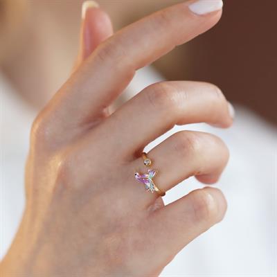 Totem Kuşu Renkli Mine İşli Gold Kaplama Gümüş Yüzük