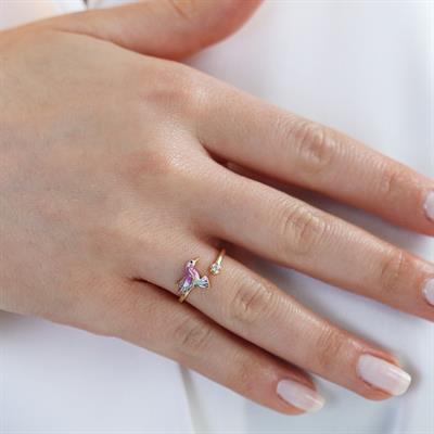 Totem Kuşu Renkli Mine İşli Gold Kaplama Gümüş Yüzük