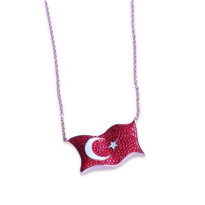 Türk Bayrağı Zirkon Taşlı Rose Gold Kaplama Gümüş Kolye