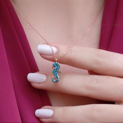 Turkuaz Taşlı Deniz Atı Ve Deniz Yıldızı Rose Gold Kaplama Gümüş Kolye