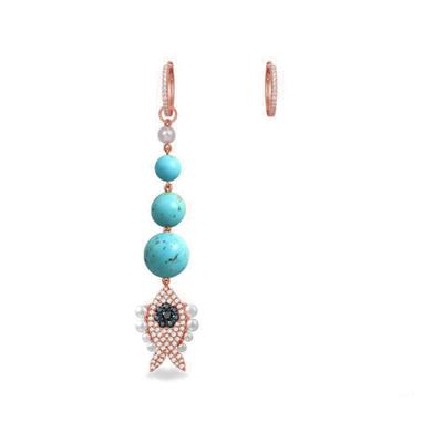 Turkuaz Taşlı İncili Balık Apm Model Rose Gold Kaplama Sallantı Gümüş Küpe