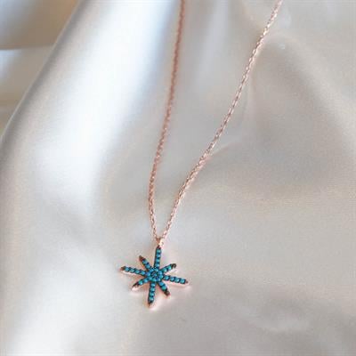 Turkuaz Taşlı Kutup Yıldızı Rose Gold Kaplama Gümüş Kolye