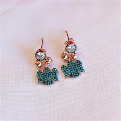 Turkuaz Taşlı Mini Melek Figürlü Rose Gold Kaplama Gümüş Küpe