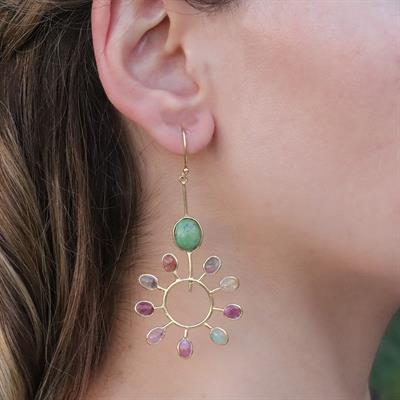 Turmalin Taşlı Gold Kaplama Güneş Gümüş Küpe