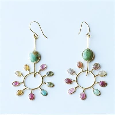 Turmalin Taşlı Gold Kaplama Güneş Gümüş Küpe