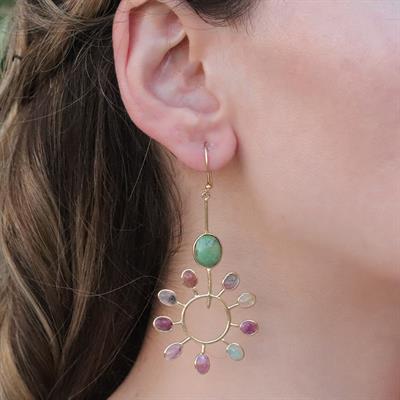 Turmalin Taşlı Gold Kaplama Güneş Gümüş Küpe