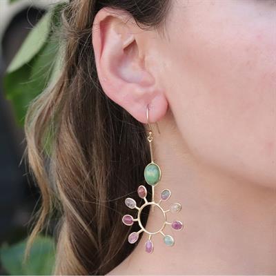 Turmalin Taşlı Gold Kaplama Güneş Gümüş Küpe