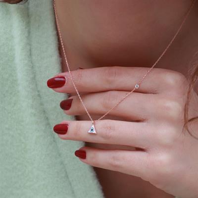 Üçgen Figürlü Zirkon Taşlı Mine İşli Rose Gold Kaplama Gümüş Set