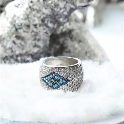 Wonderland Eye Çift Taraflı Renkli Mine İşli Gümüş Yüzük