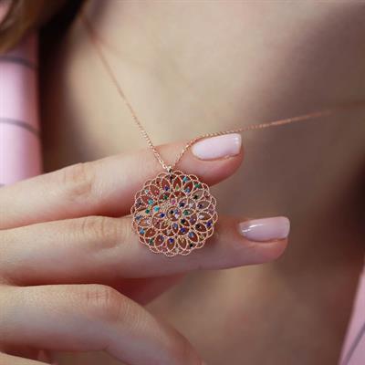 Yaşam Çiçeği Renkli Zirkon Taşlı Rose Gold Kaplama Gümüş Kolye