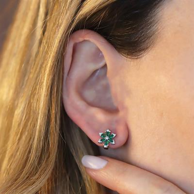 Yeşil Taşlı Mini Lotus Çiçeği Gümüş Küpe