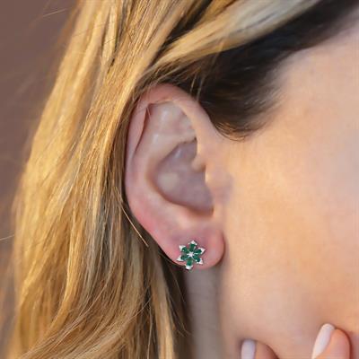 Yeşil Taşlı Mini Lotus Çiçeği Gümüş Küpe