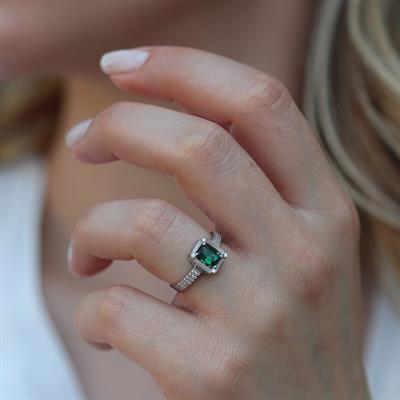 Yeşil Zirkon Taşlı Baget Tek Taş Gümüş Yüzük