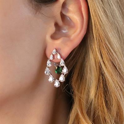 Yeşil Zirkon Taşlı Damla Işıltılı Gümüş Küpe