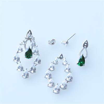 Yeşil Zirkon Taşlı Damla Işıltılı Gümüş Küpe