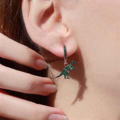 Yeşil Zirkon Taşlı Rose Gold Kaplama Dinazor Tasarım Gümüş Küpe