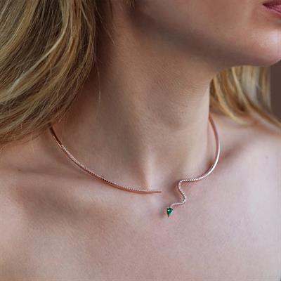 Yeşil Zirkon Taşlı Rose Gold Kaplama Serpent Choker Gümüş Kolye