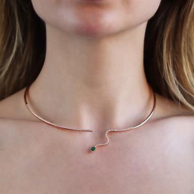 Yeşil Zirkon Taşlı Rose Gold Kaplama Serpent Choker Gümüş Kolye