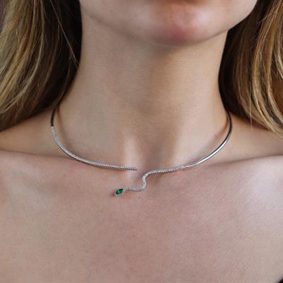 Yeşil Zirkon Taşlı Serpent Choker Gümüş Kolye