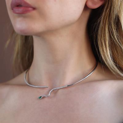 Yeşil Zirkon Taşlı Serpent Choker Gümüş Kolye