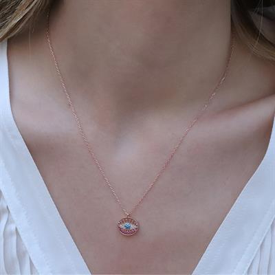 Yuvarlak Göz Modeli Zirkon Taşlı Rose Gold Kaplama Gümüş Kolye