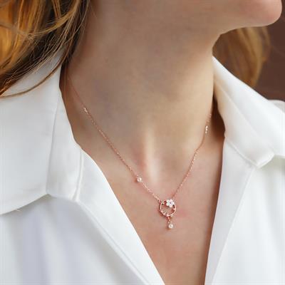 Zambak Çiçeği İnci Detaylı Rose Gold Kaplama Gümüş Kolye