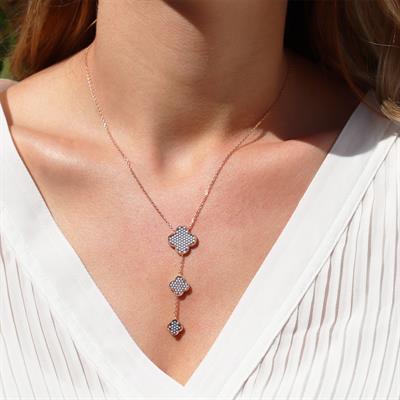 Zirkon Nano Taşlı Alhambra Yonca Rose Gold Kaplama Gümüş Kolye
