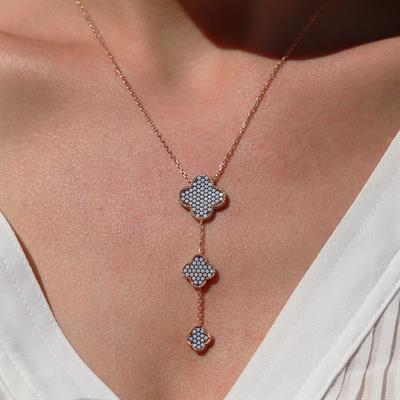 Zirkon Nano Taşlı Alhambra Yonca Rose Gold Kaplama Gümüş Kolye